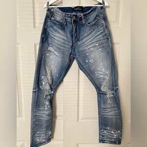 Rue21 Men's Light Blue Distressed Paint-Splatter Slim Jeans